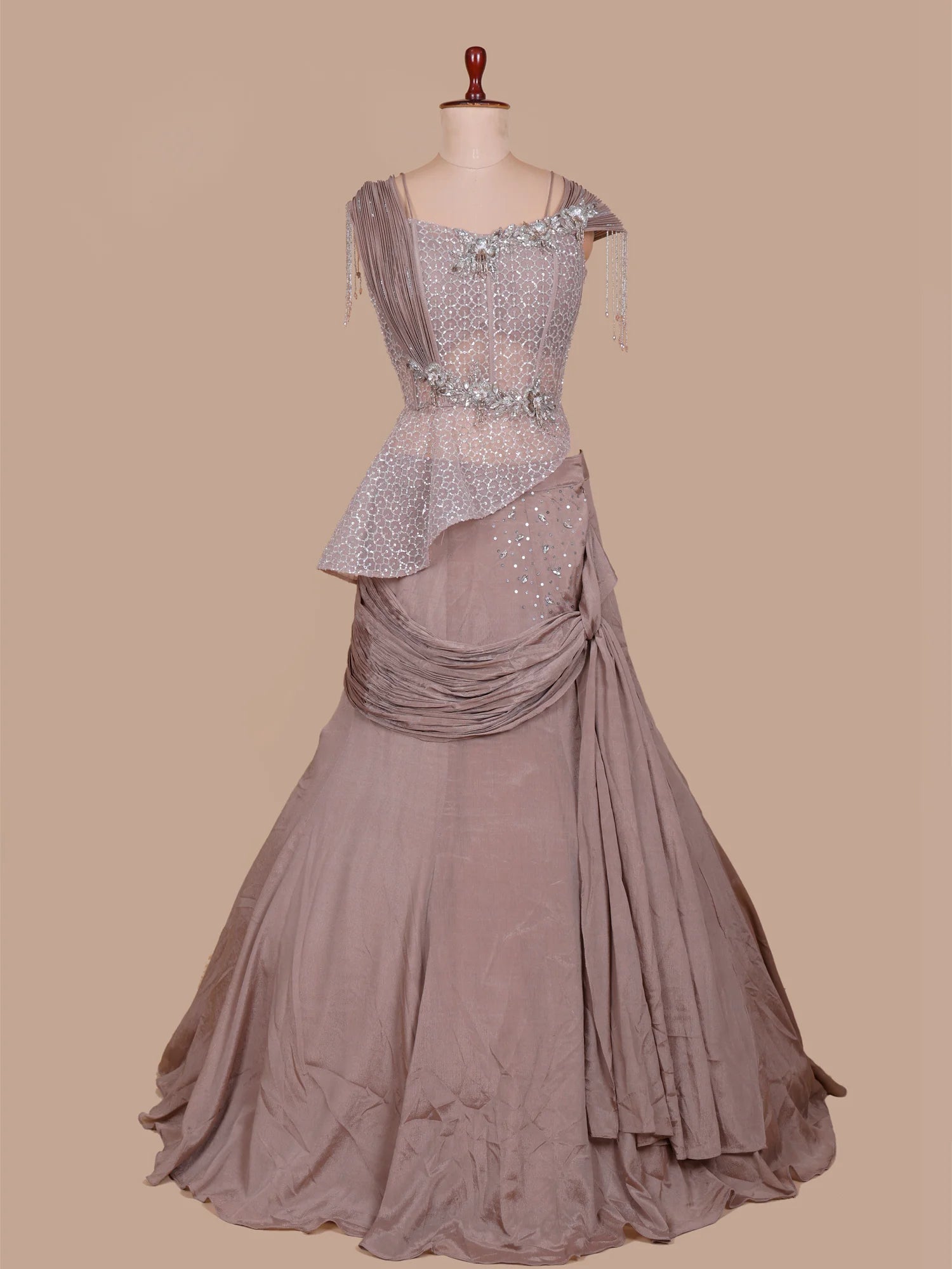 Get Chickoo Chinon Designer Fishcut Lehenga In Diamond Pearl Stone Work