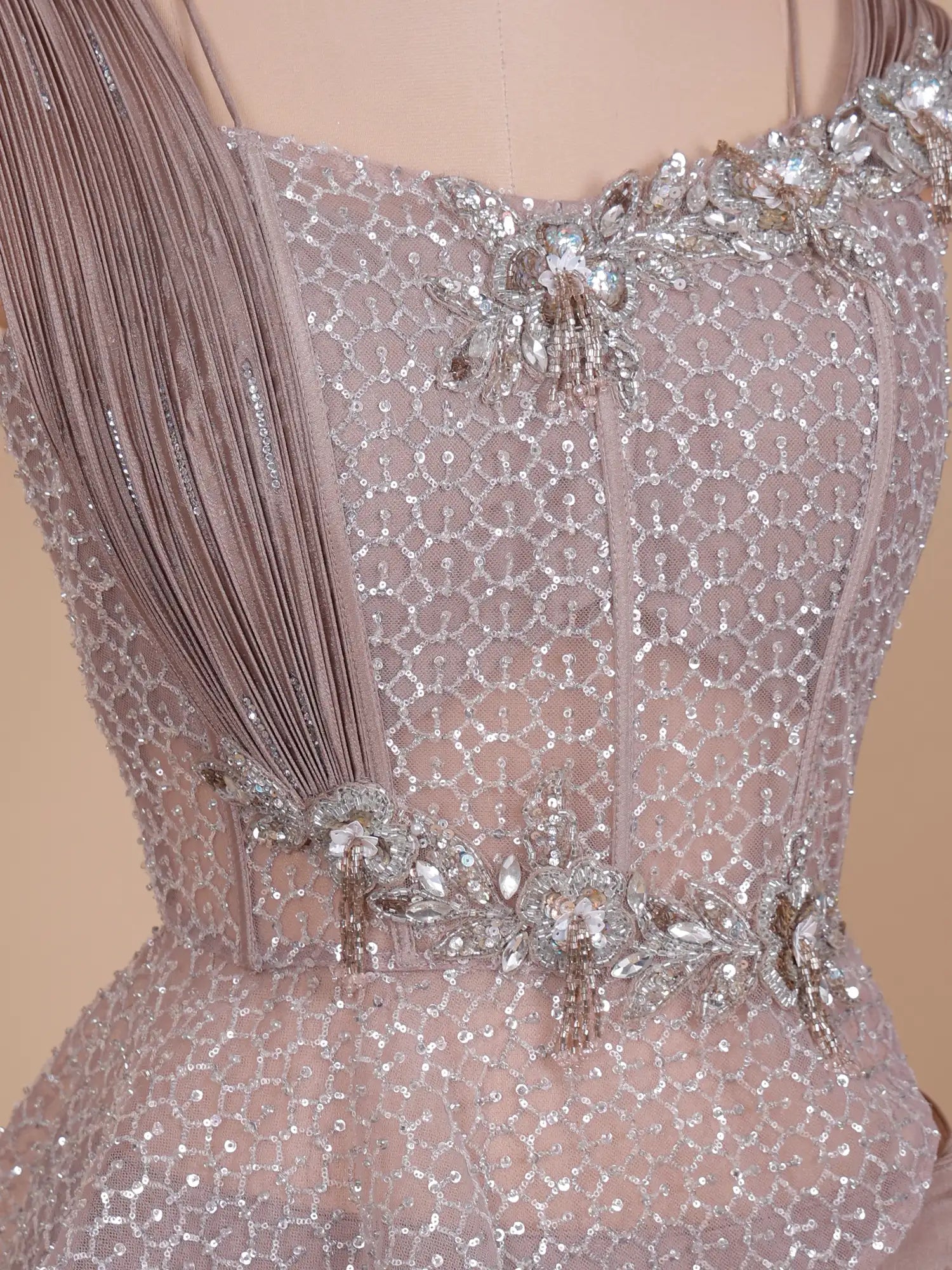 Get Chickoo Chinon Designer Fishcut Lehenga In Diamond Pearl Stone Work