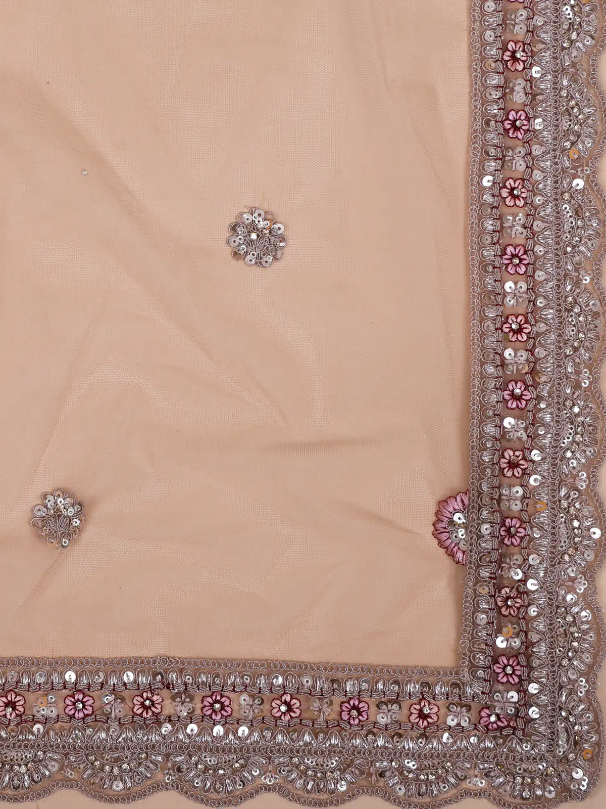 Get Chickoo Net Unstitched Lehenga With Multi Thread Floral Sequin Detailing