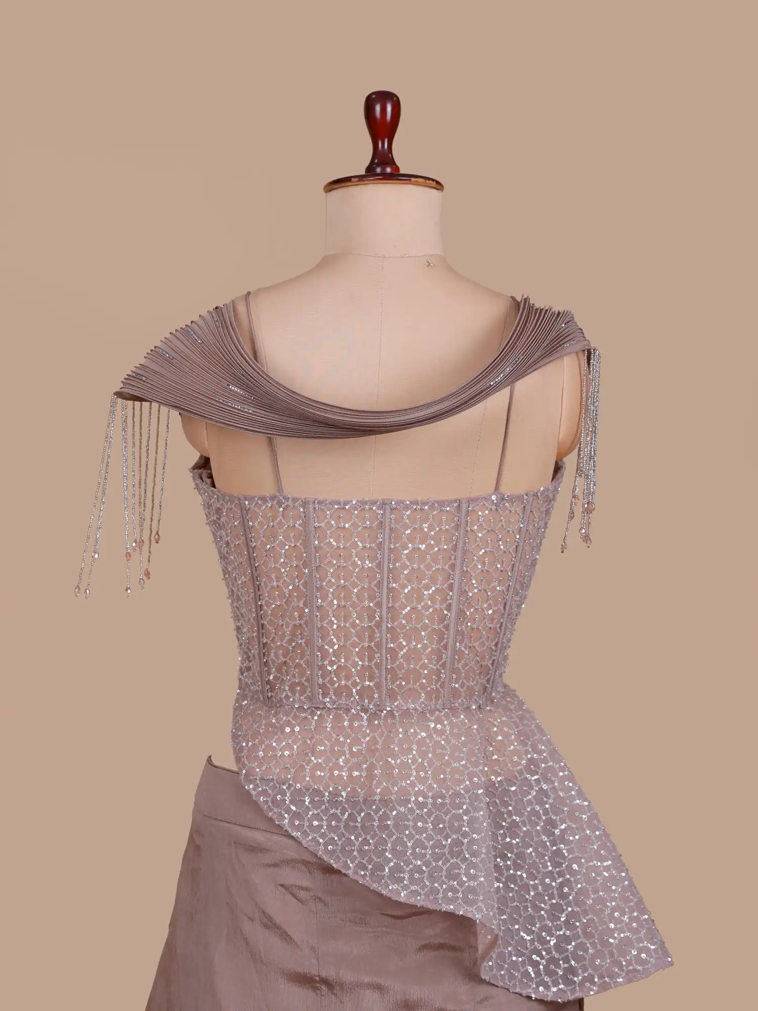 Get Chickoo Chinon Designer Fishcut Lehenga In Diamond Pearl Stone Work