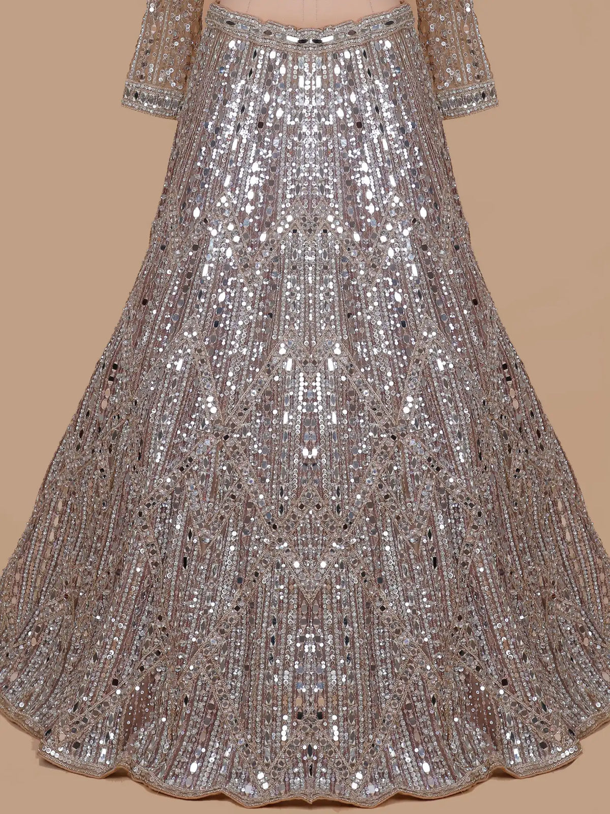 Chickoo Party Wear Lehenga Featuring Full-Length Mirror Diamond Patterns