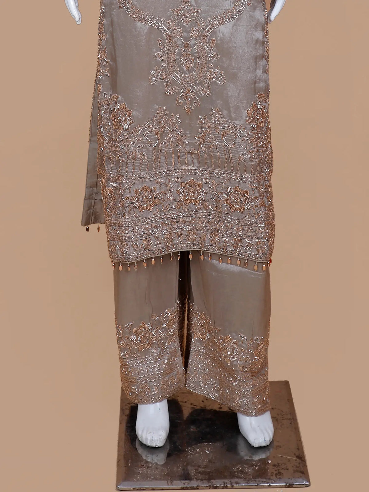 Elegant Chickoo Shimmer Silk Salwar Suit with Floral Bead Detailing