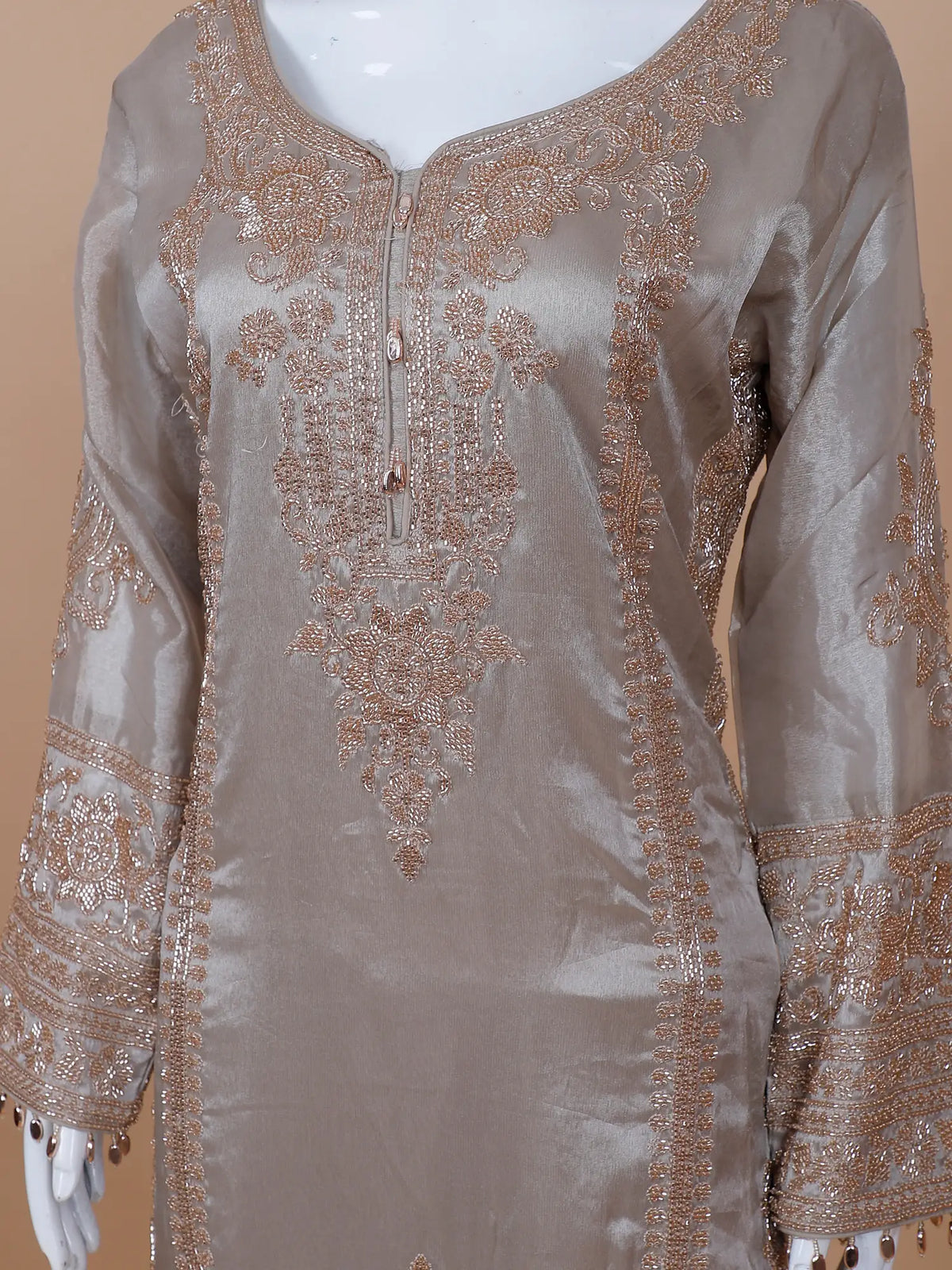 Elegant Chickoo Shimmer Silk Salwar Suit with Floral Bead Detailing
