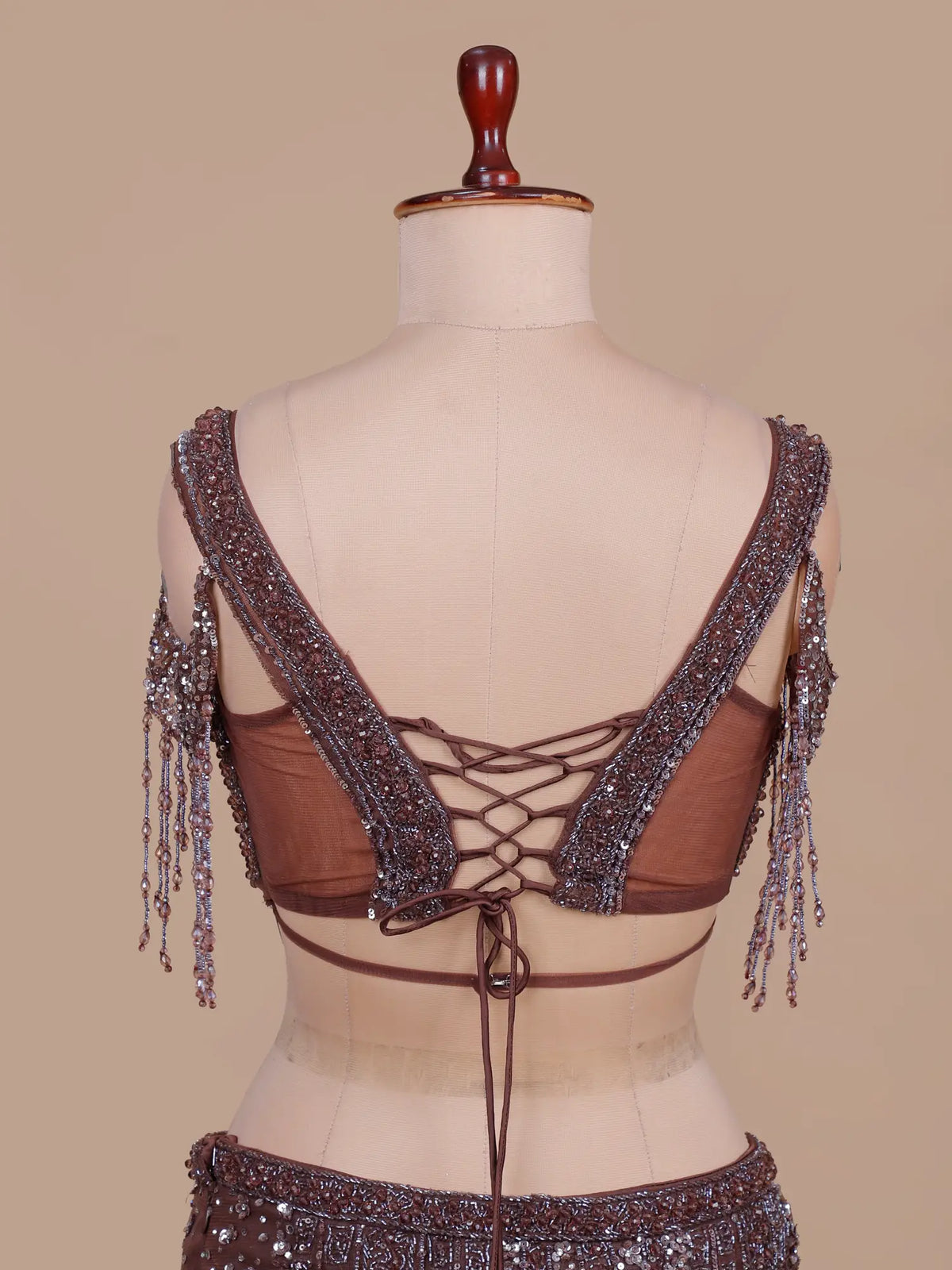 Chocolate Brown Jimmy Choo Fishcut Lehenga with Crystal Choker Dupatta