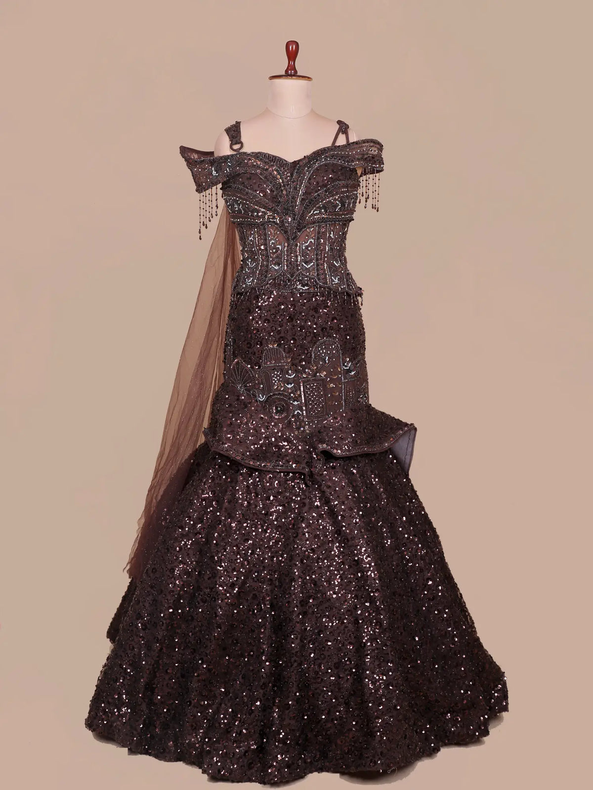 Chocolate Brown Designer Net Mermaid Lehenga Featuring Sequin Work