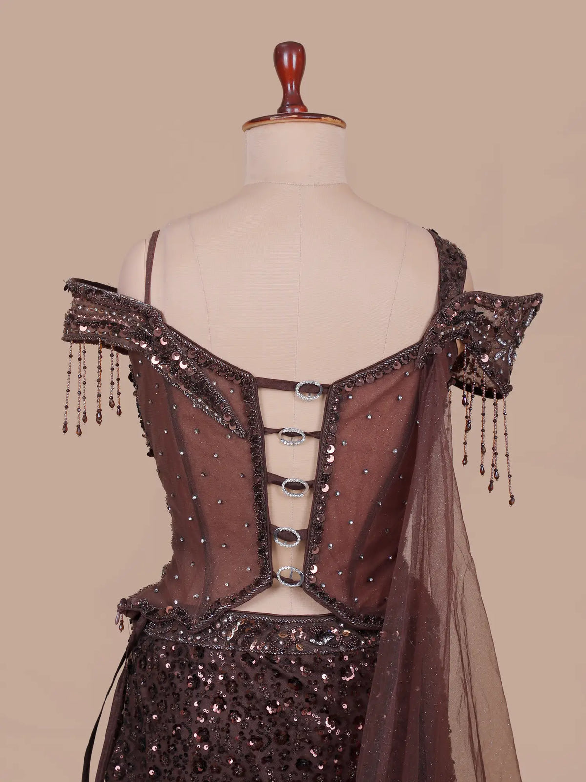 Chocolate Brown Designer Net Mermaid Lehenga Featuring Sequin Work