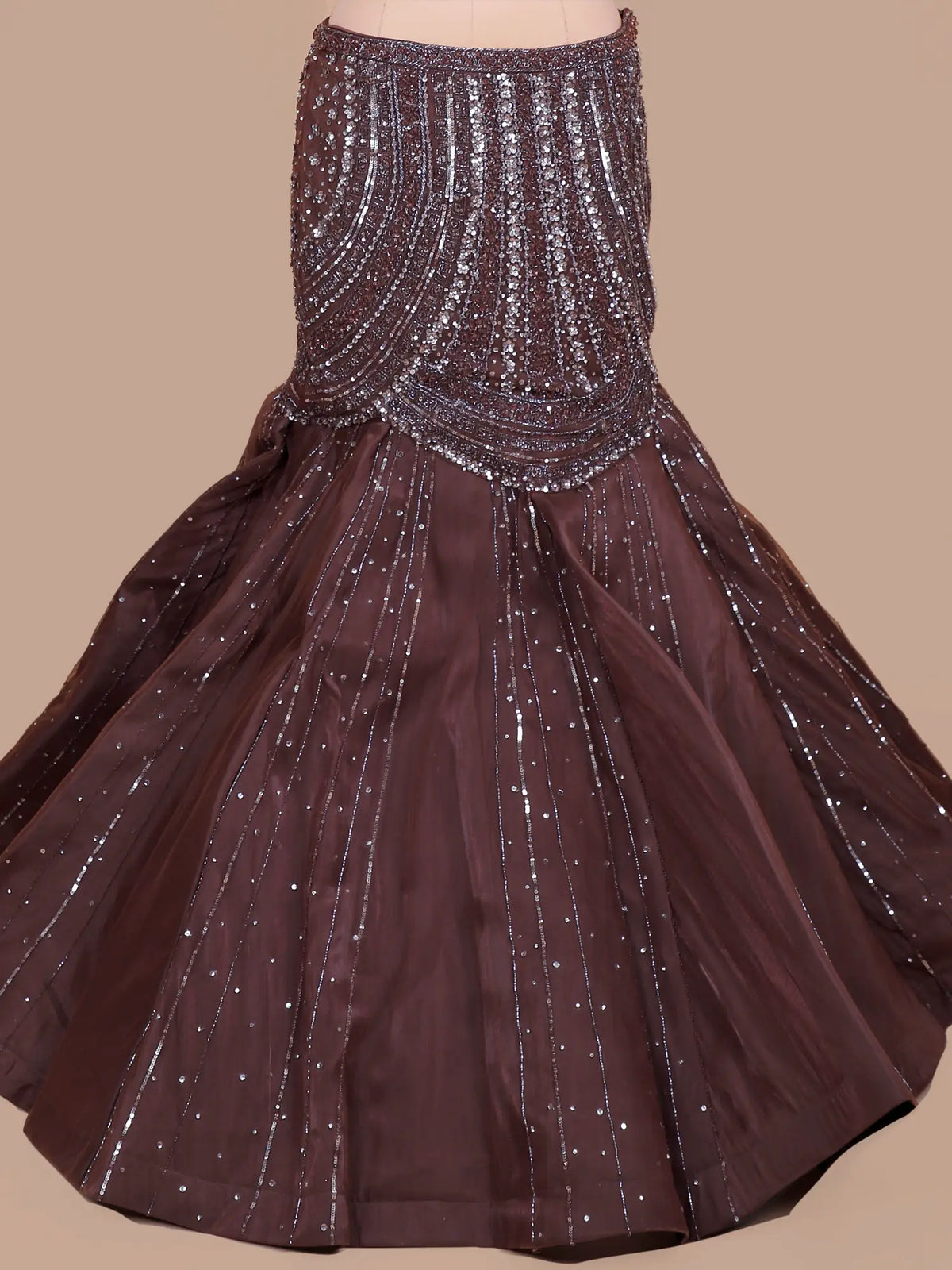 Chocolate Brown Jimmy Choo Fishcut Lehenga with Crystal Choker Dupatta