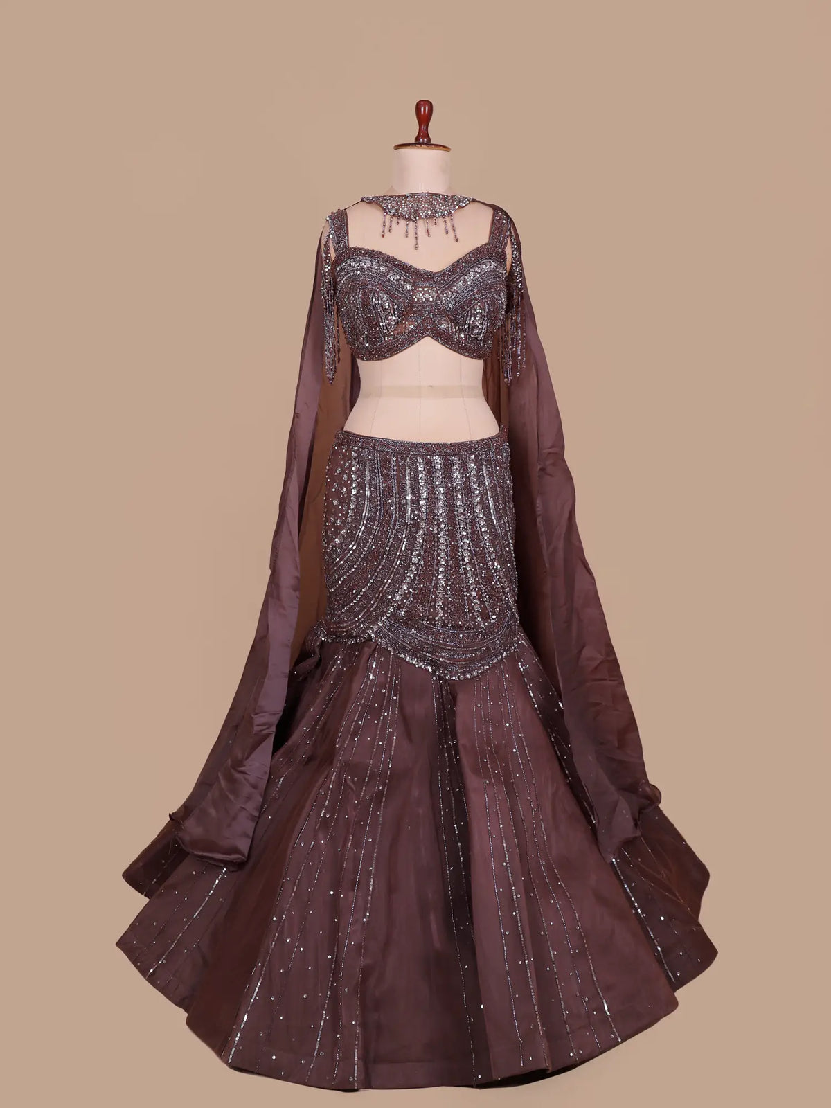 Chocolate Brown Jimmy Choo Fishcut Lehenga with Crystal Choker Dupatta