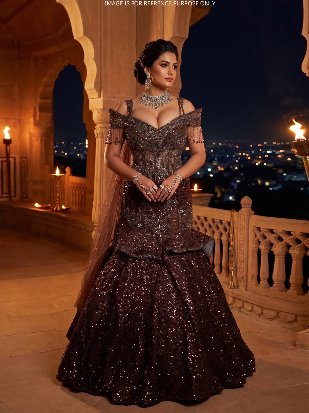 Chocolate Brown Designer Net Mermaid Lehenga Featuring Sequin Work