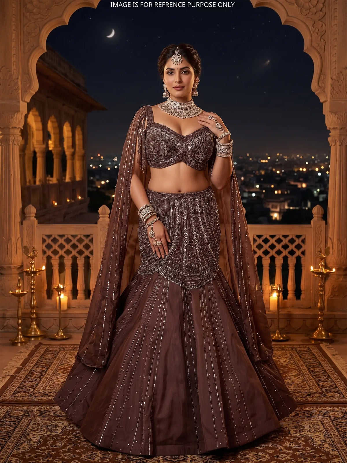 Chocolate Brown Jimmy Choo Fishcut Lehenga with Crystal Choker Dupatta