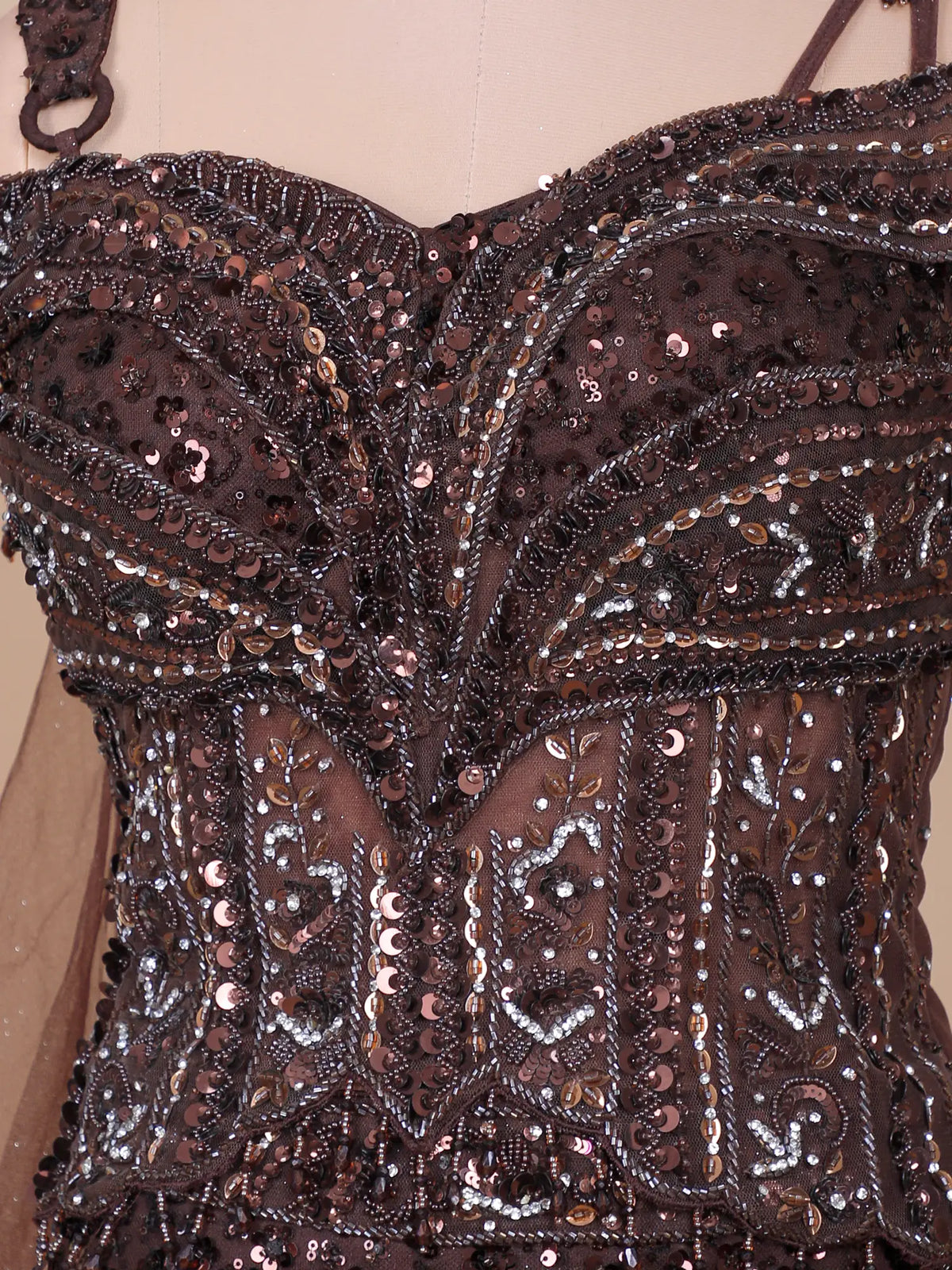 Chocolate Brown Designer Net Mermaid Lehenga Featuring Sequin Work
