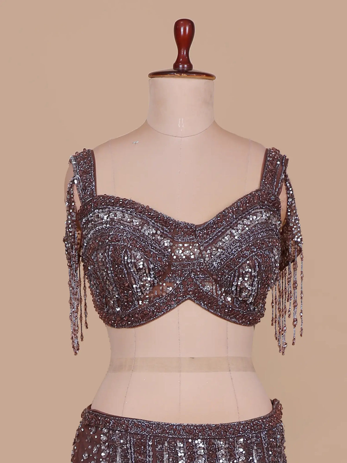 Chocolate Brown Jimmy Choo Fishcut Lehenga with Crystal Choker Dupatta