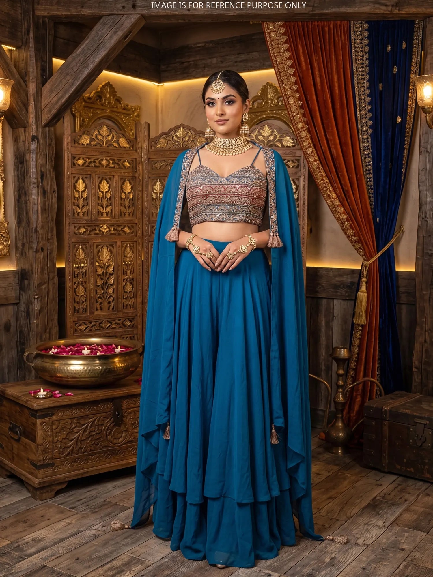 Choose Blue Chinon Indo Western Palazzo Suit Showcasing Designer Shrug