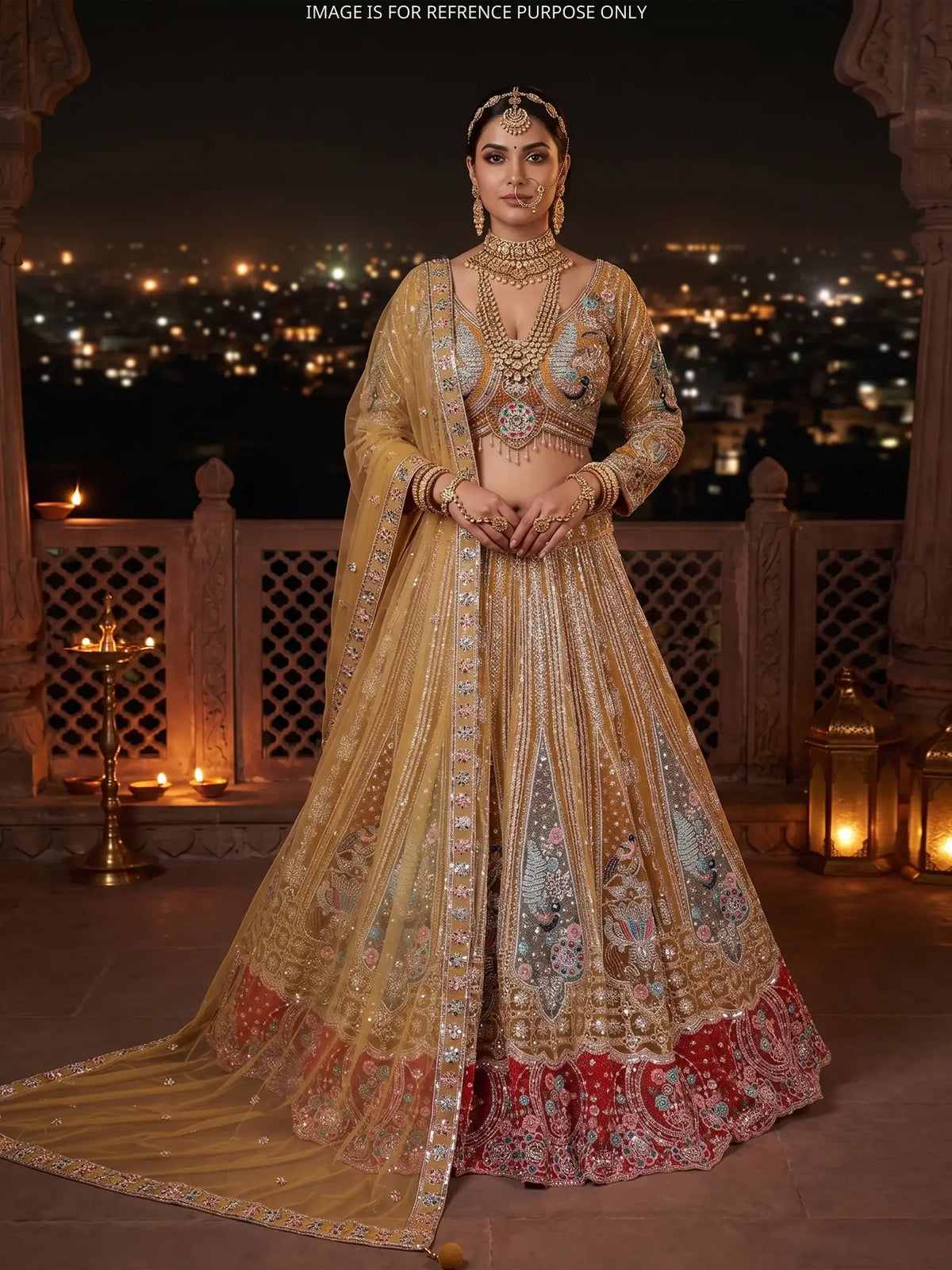 Choose Mustard Yellow Net Embellished Lehenga with Bird and Floral Embroidery