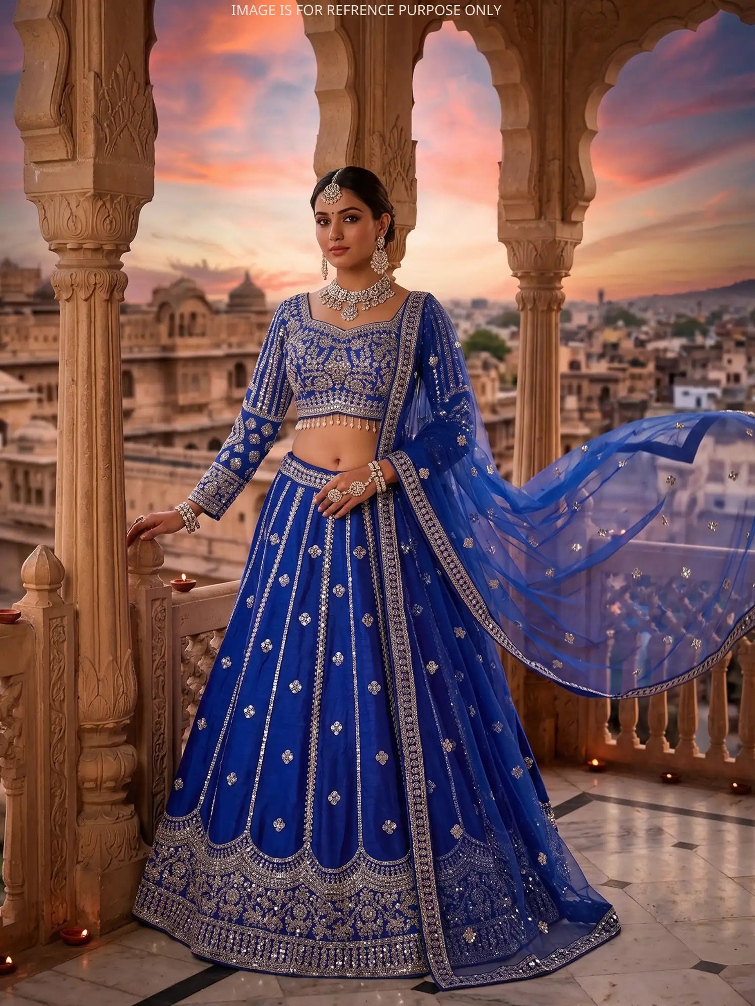 Choose Regal Royal Blue Silk Lehenga Choli In Mirror Moti Work