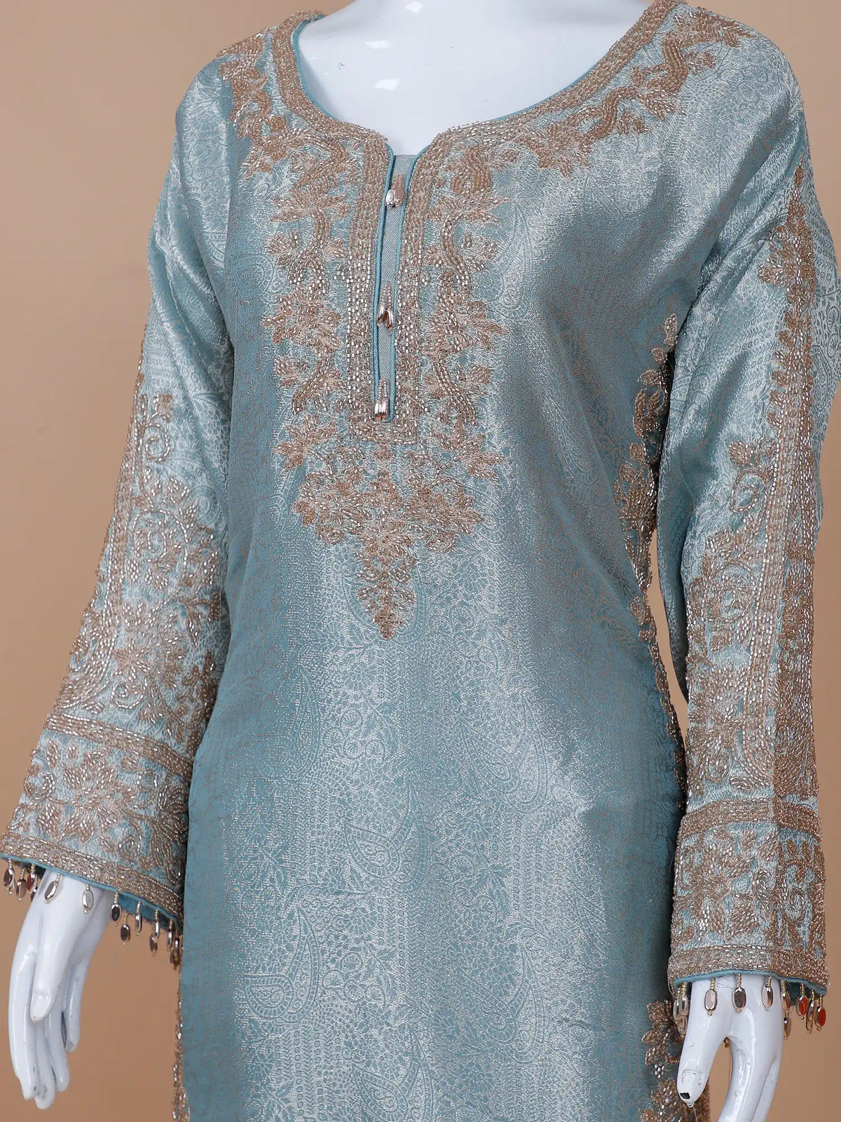Exclusive Blue Grey Banarasi Silk Suit Featuring Gold Beaded Embroidery