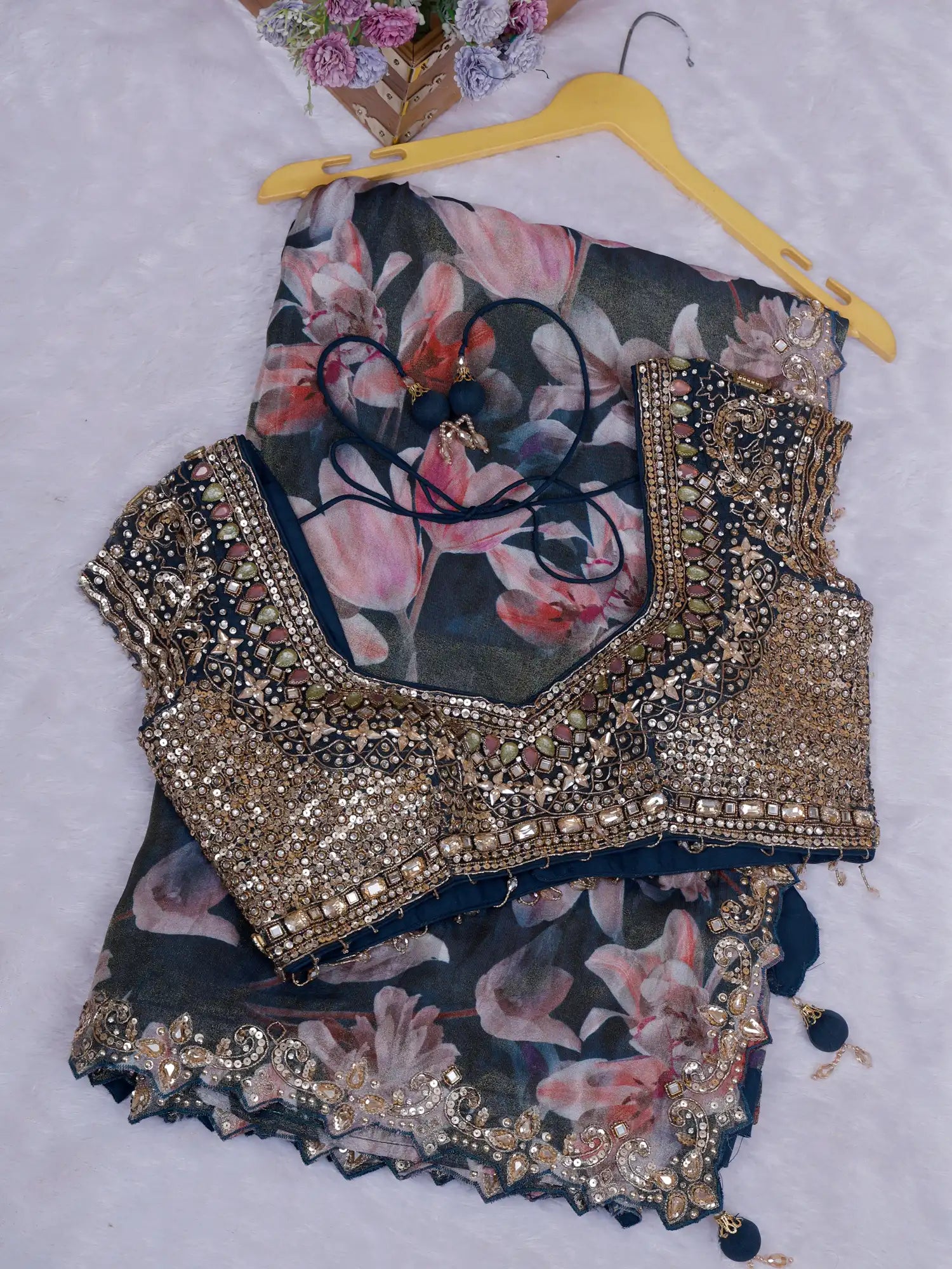 Classic Navy Blue Printed Crepe Saree Online Store With Designer Stone Embroidery