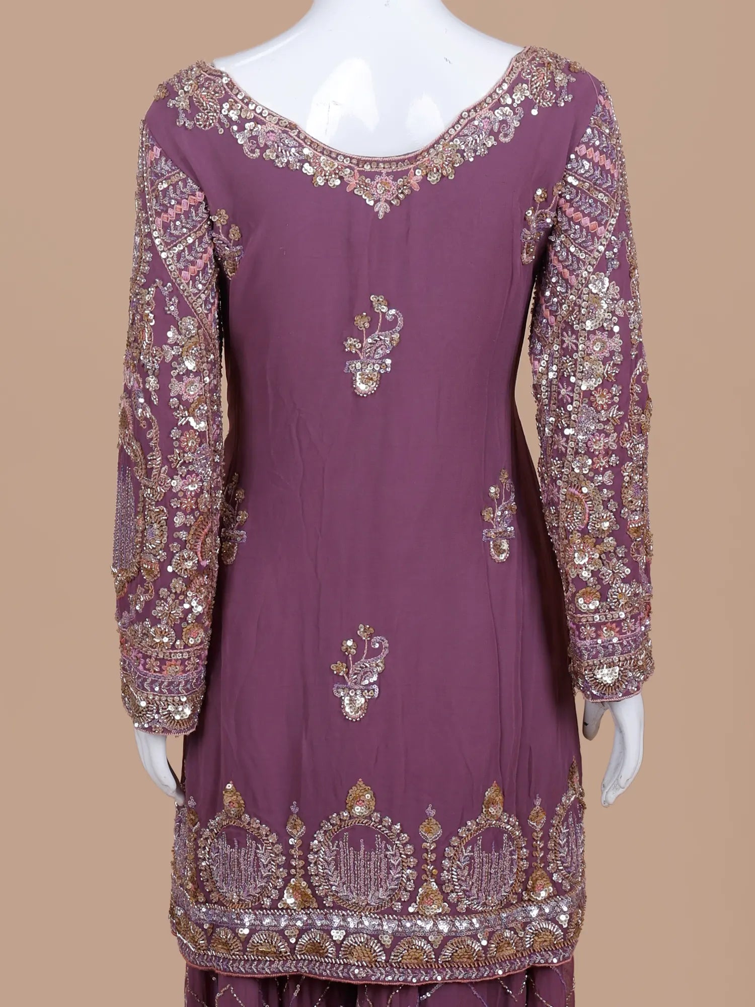 Modern Magenta Georgette Palazzo Suit With Traditional Bead Threadwork