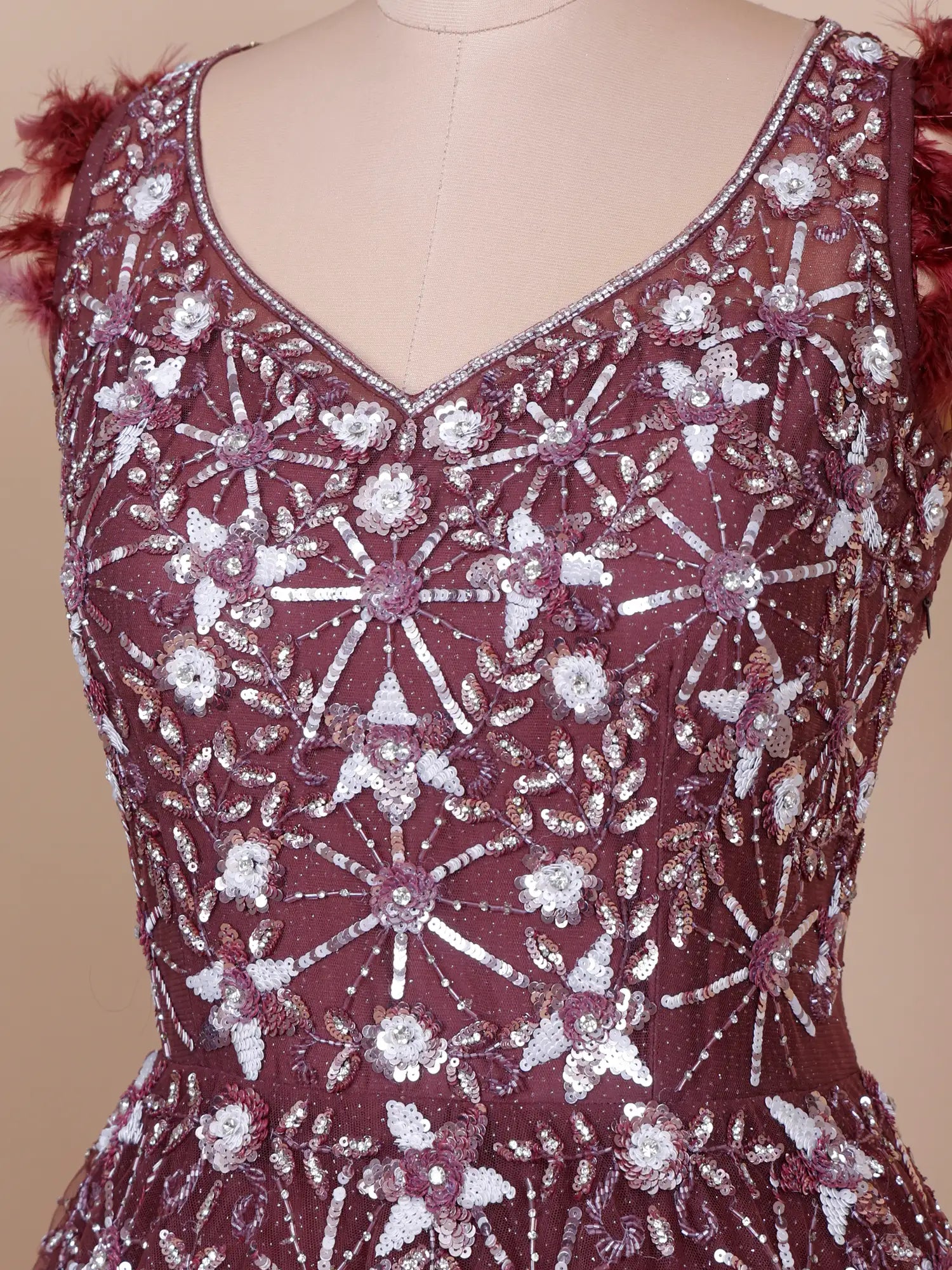 Luxury Maroon Long Couture Gown Accented By Feather And Diamond Work