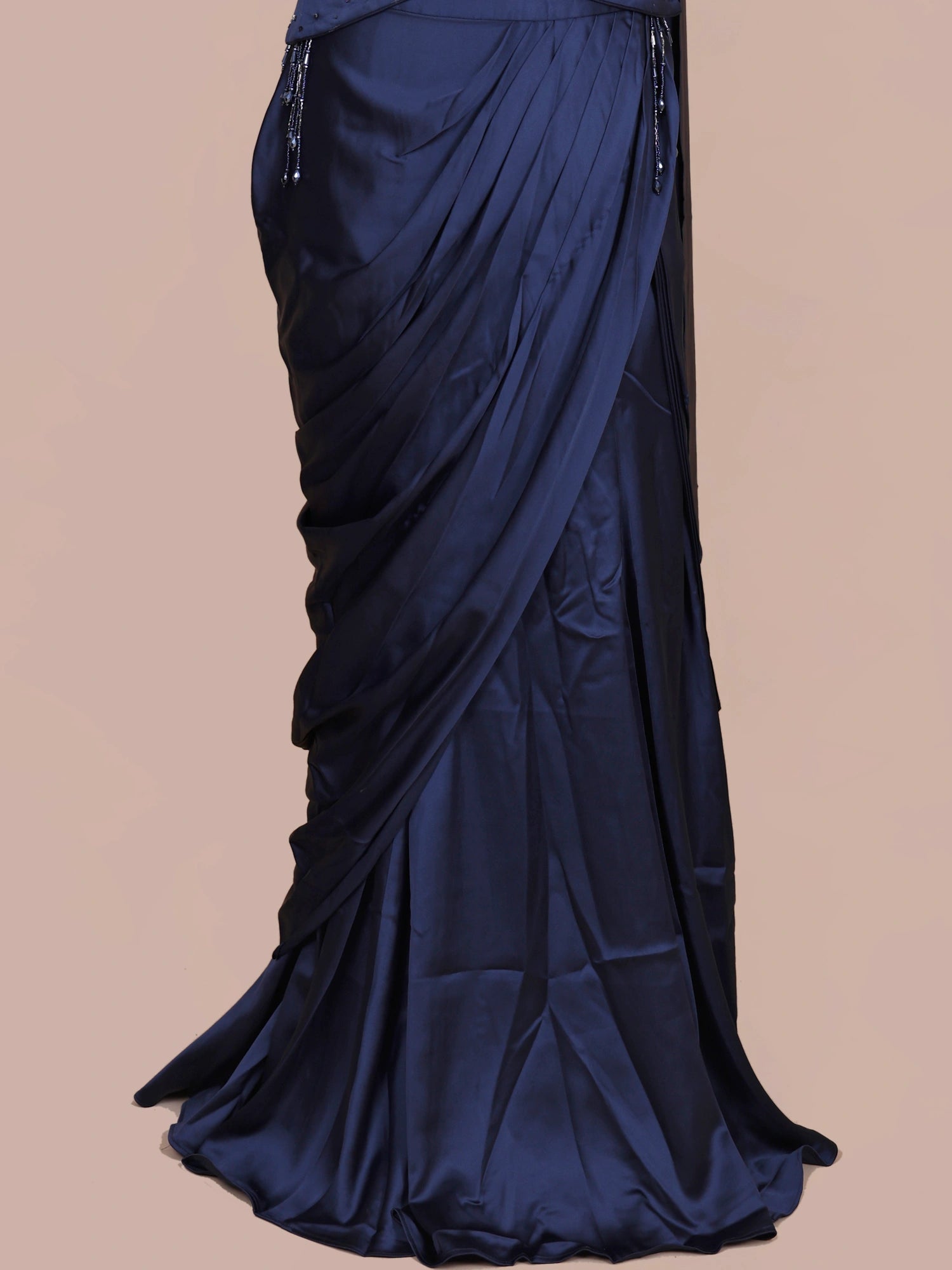 Navy Blue Modern Satin Silk Indo Western Saree With Signature Diamond Moti Detailing
