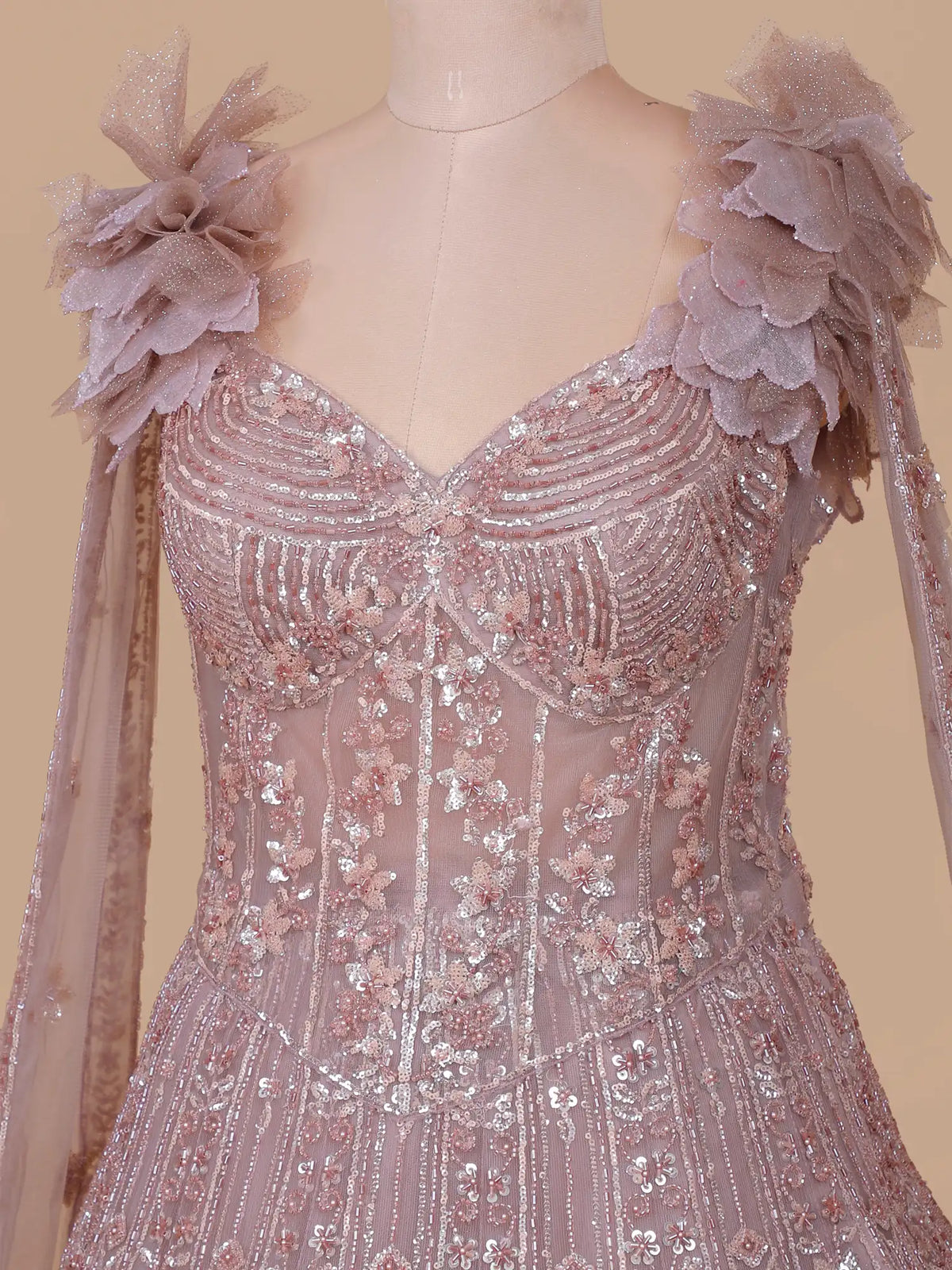 Floral Grace Onion Pink Net Gown With Attached Shoulder Dupatta Styling