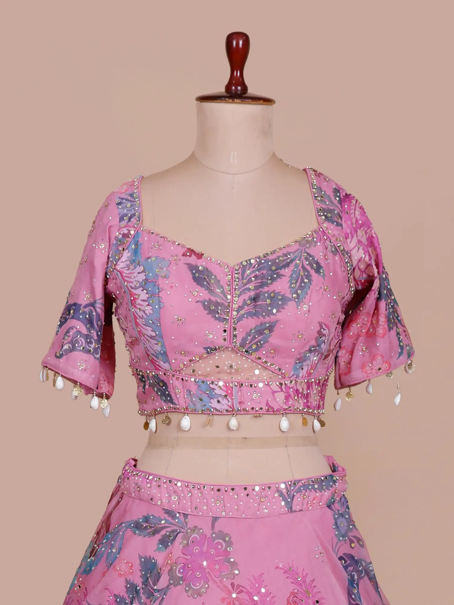 Buy Pink Silk Designer Lehenga Showcasing Floral Print And Pearl Work