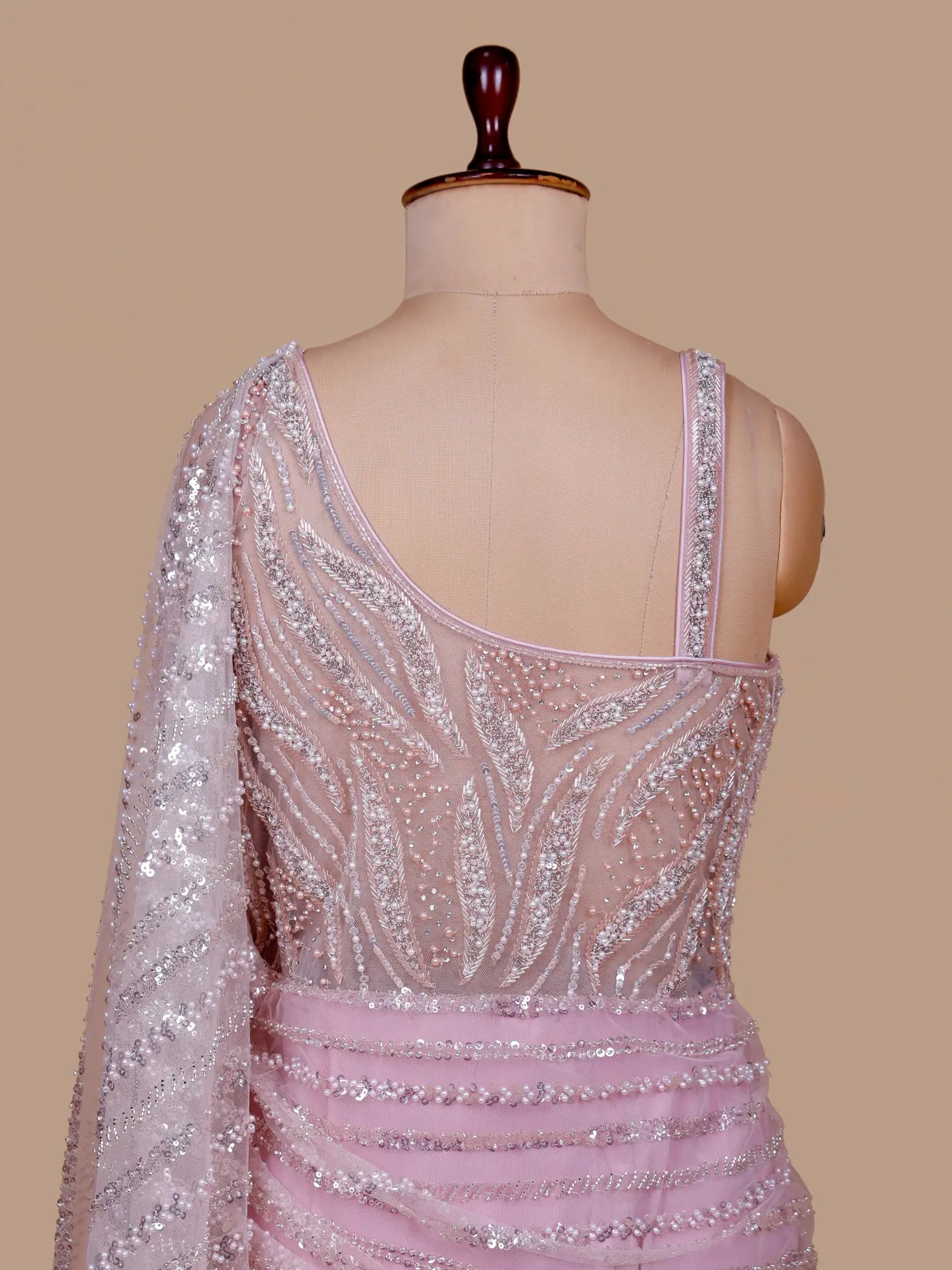 Pink Pre-Draped Silk Saree With Modern Diamond Embellishment
