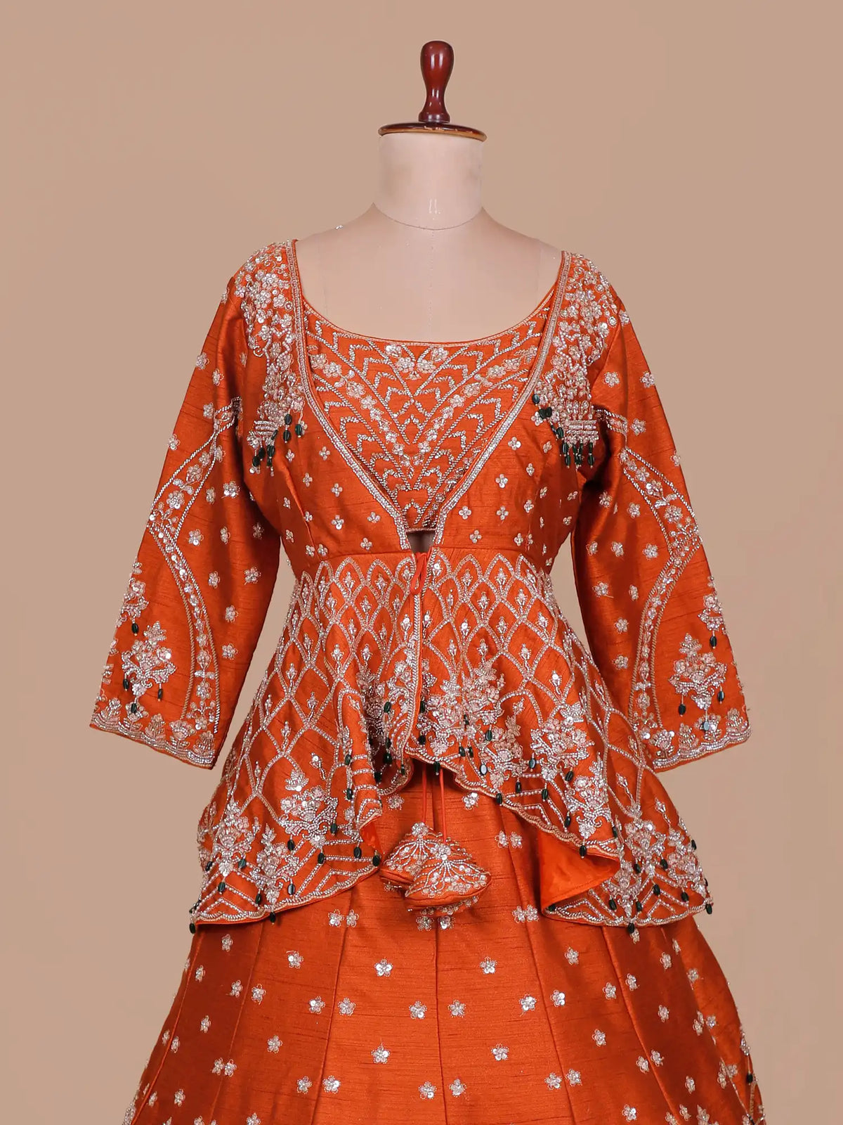 Rust Orange Silk Couture Jacket Style Lehenga Featuring Crystal Pearl Detailing