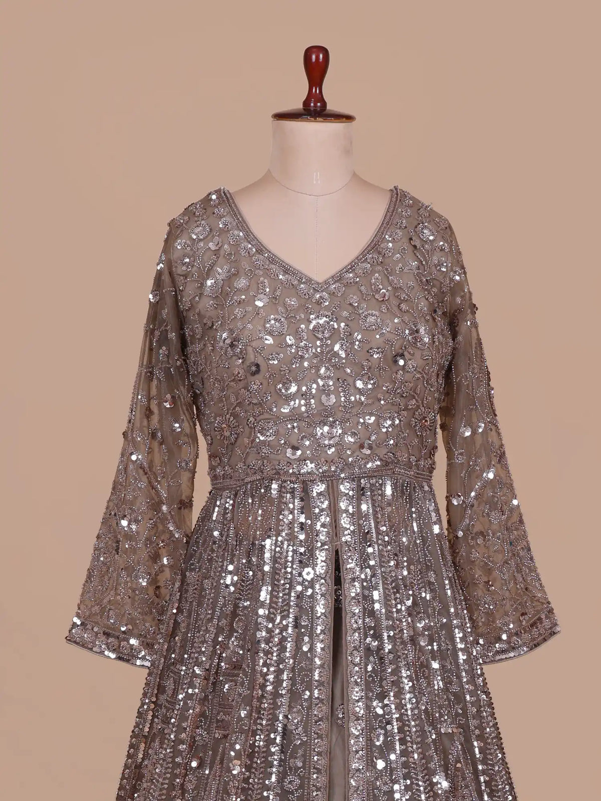 Unveil Dark Copper Designer Net Long Lehenga With Center Cut Design
