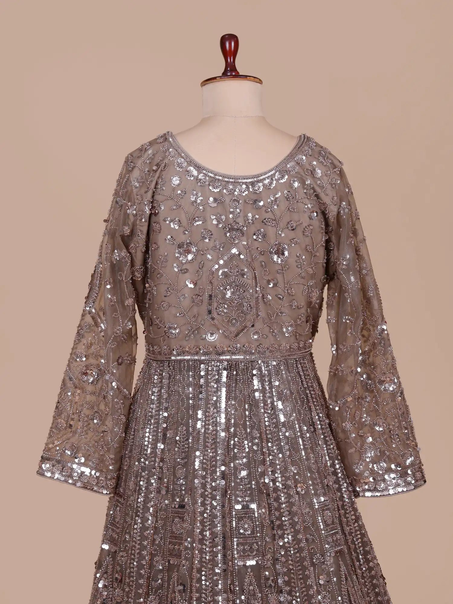 Unveil Dark Copper Designer Net Long Lehenga With Center Cut Design
