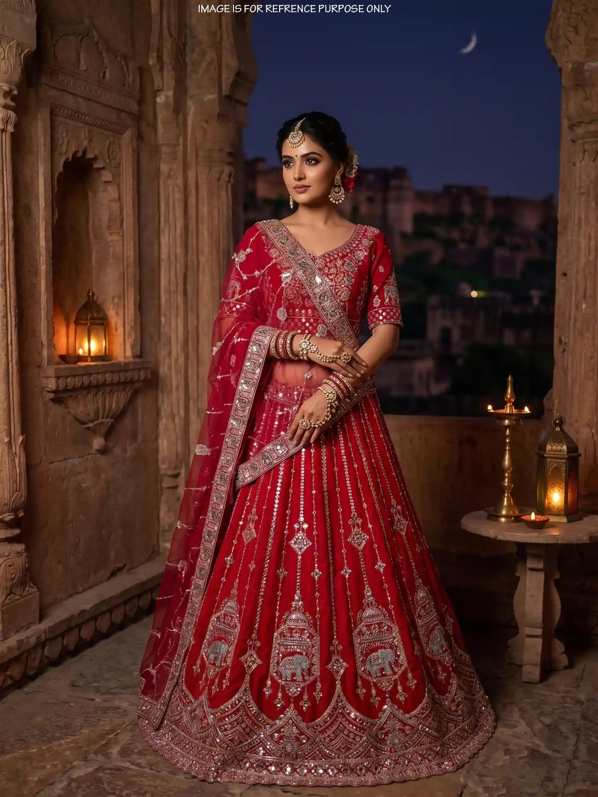 Couture Red Silk Bridal Lehenga Featuring Elephant Jharokha Embroidery