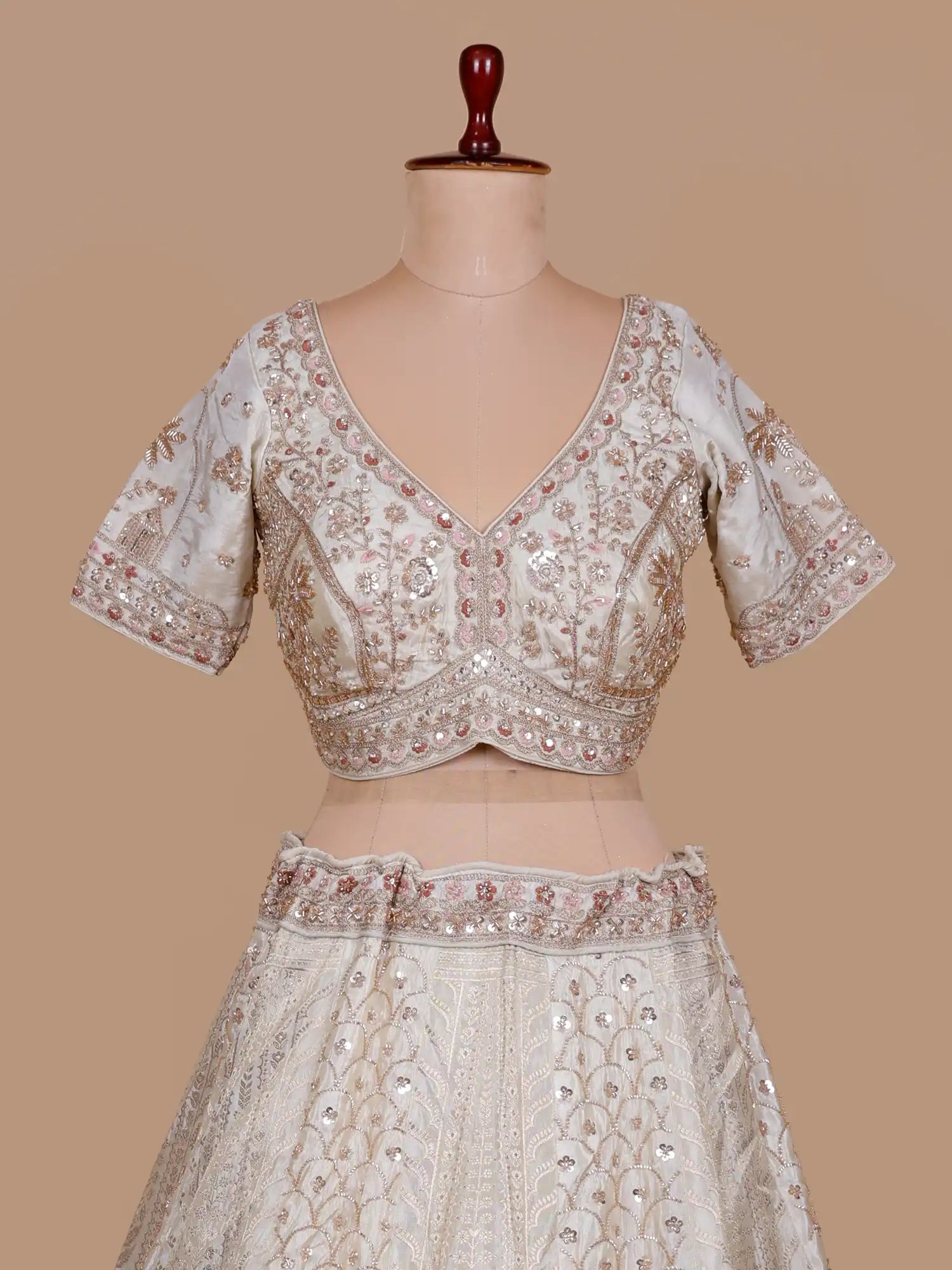 Discover Cream Readymade Organza Lehenga Choli Online With Moti Detailing