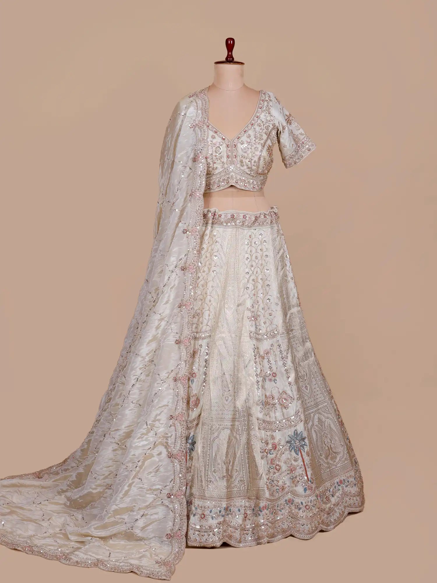 Discover Cream Readymade Organza Lehenga Choli Online With Moti Detailing