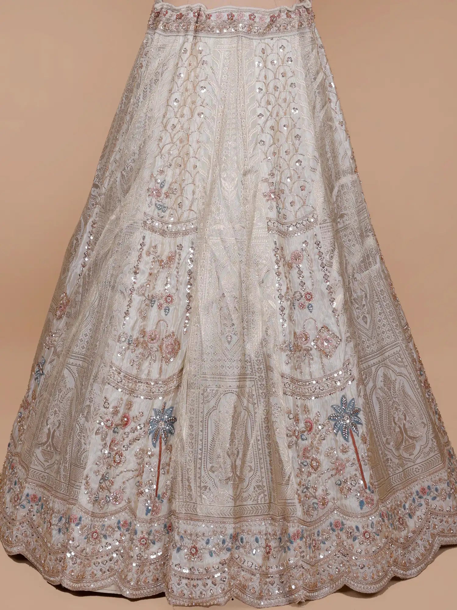Discover Cream Readymade Organza Lehenga Choli Online With Moti Detailing