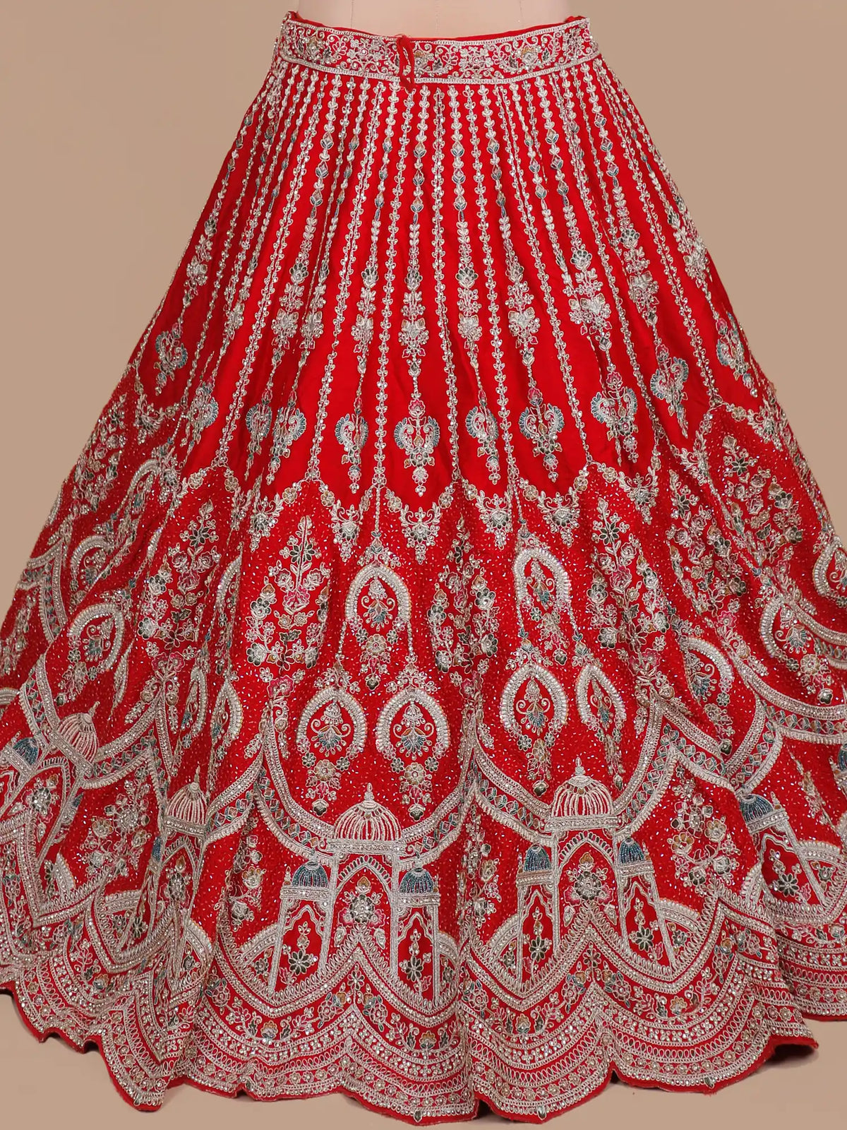 Red Silk Couture Lehenga with Domed Motifs and Intricate Silver Embroidery