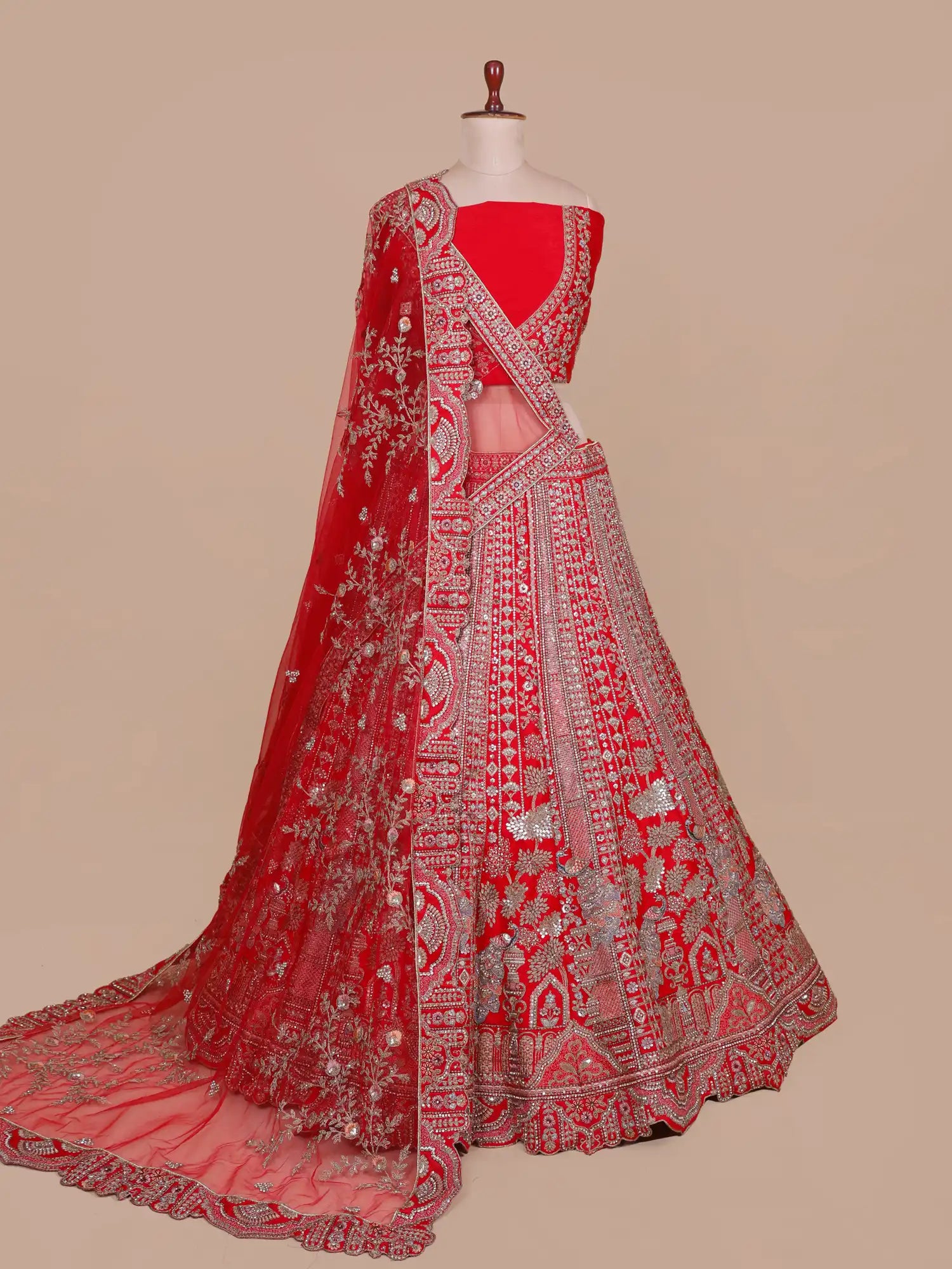 Crimson Heritage Red Silk Bridal Lehenga With Peacock and Tree Motif Detailing