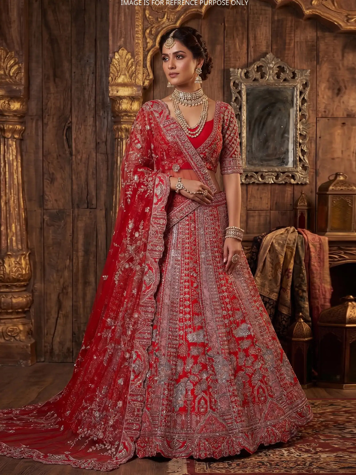 Crimson Heritage Red Silk Bridal Lehenga With Peacock and Tree Motif Detailing