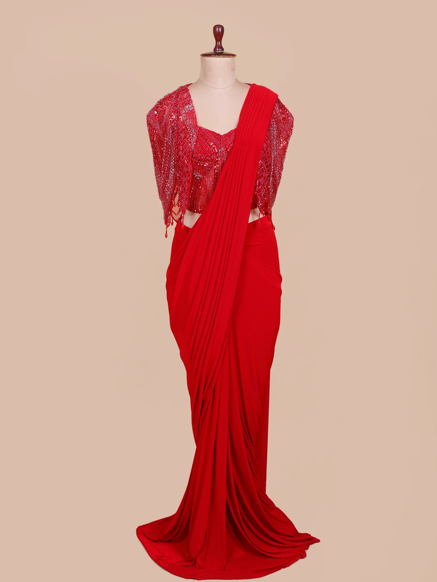Red Designer Lycra Pre-Drape Saree With Unique Shrug And Cut Dana Details