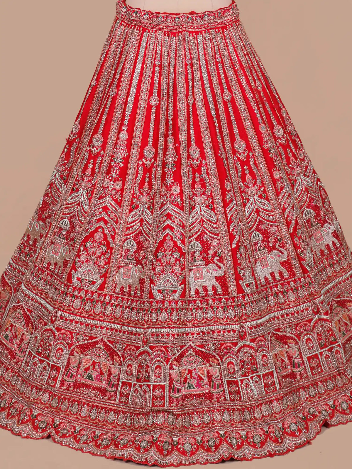 Red Silk Couture Bridal Lehenga with Doli Scenes and Elephant Detailing
