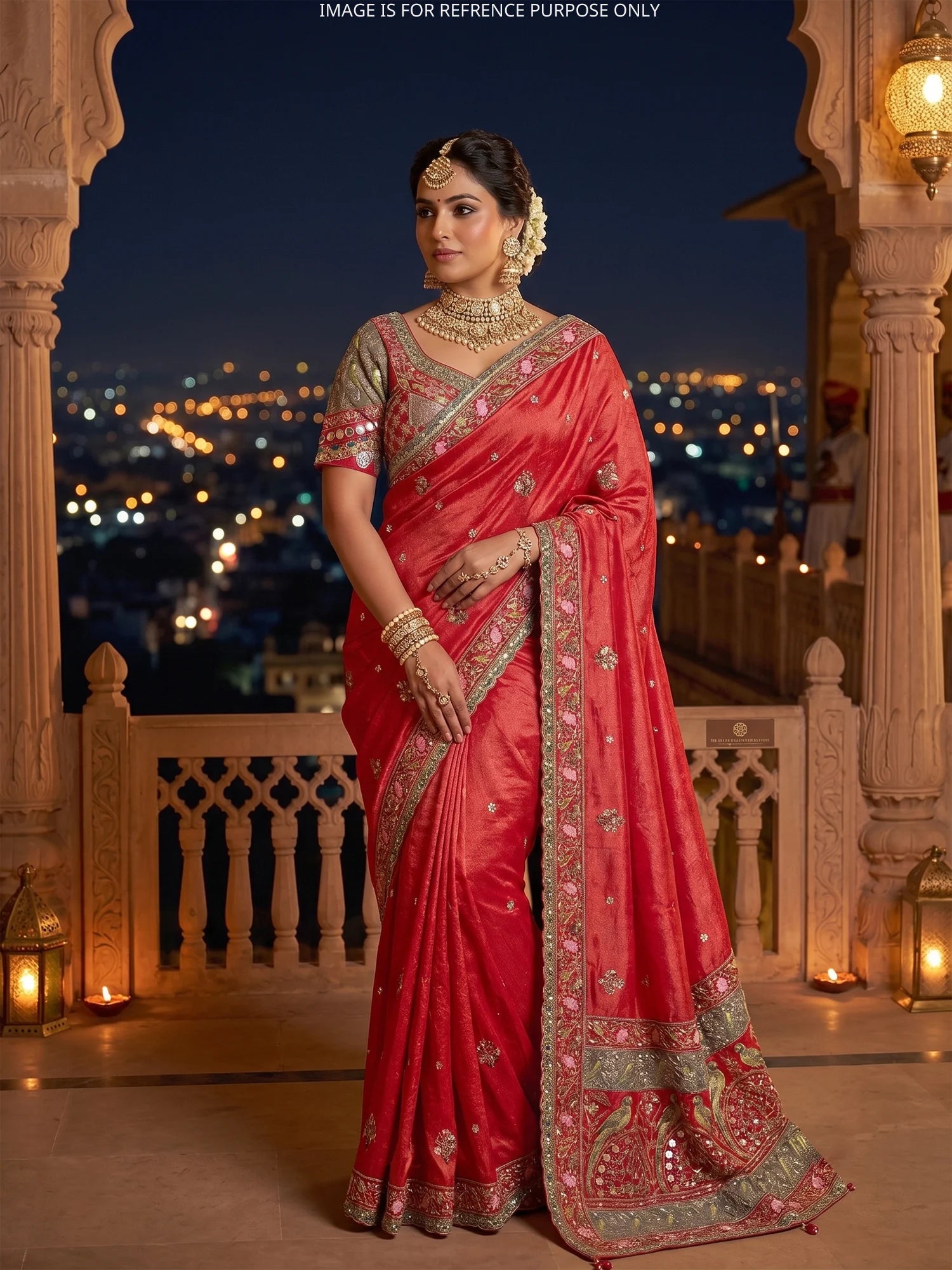 Crimson Red Shimmer Organza Designer Saree With Couture Finish