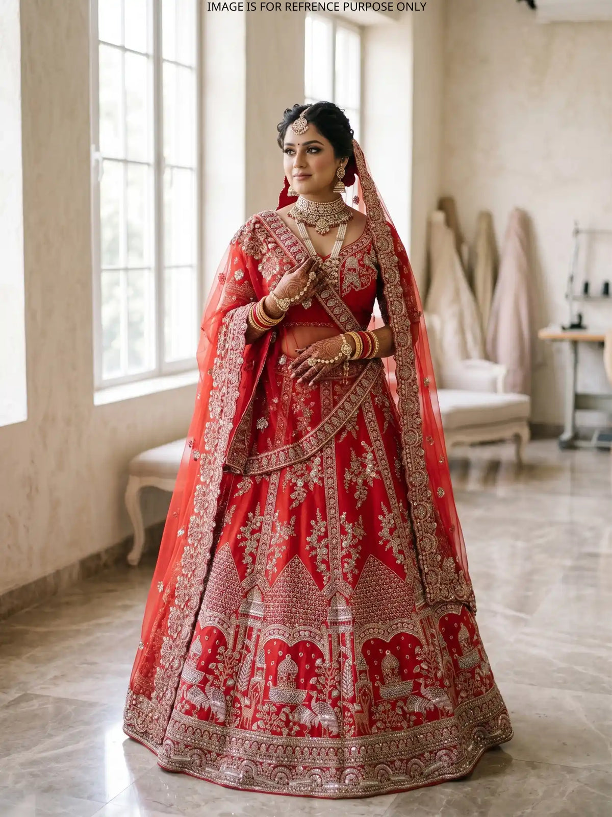 Crimson Red Silk Bridal Lehenga Featuring Architectural and Wildlife Designs