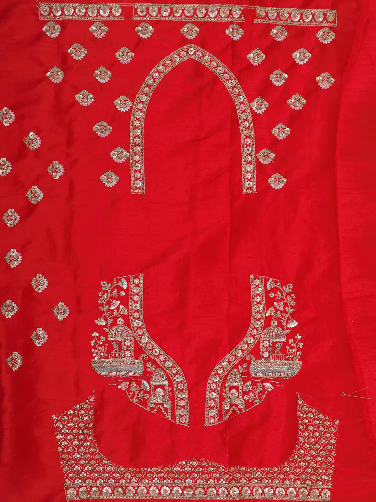 Crimson Red Silk Bridal Lehenga Featuring Architectural and Wildlife Designs