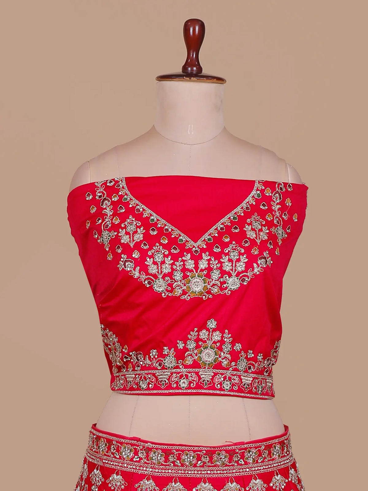 Red Silk Bridal Lehenga Choli with Intricate Silver Floral Embroidery