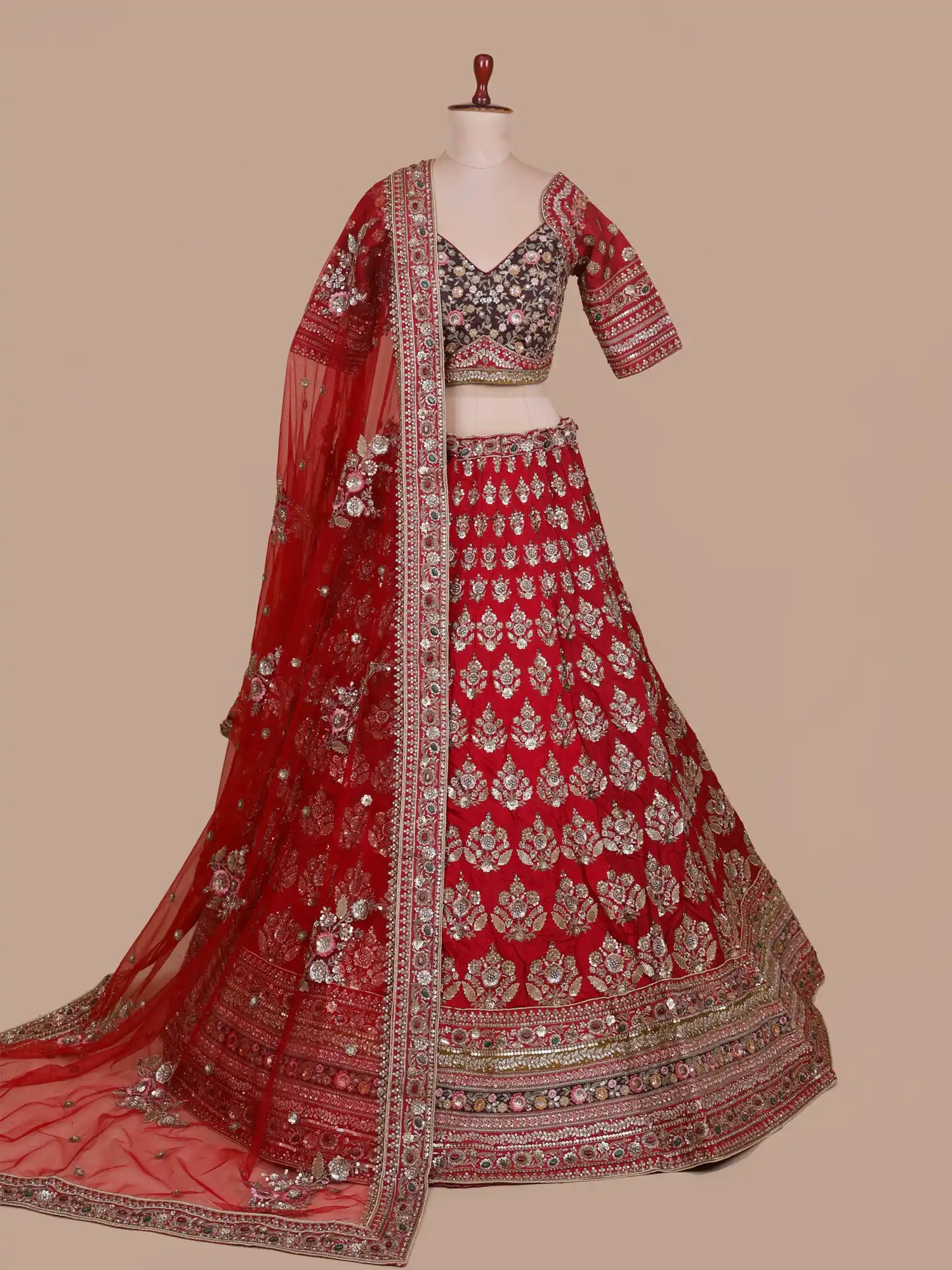 Shop Crimson Majesty Red Silk Bridal Lehenga With Floral Stone Embroidery