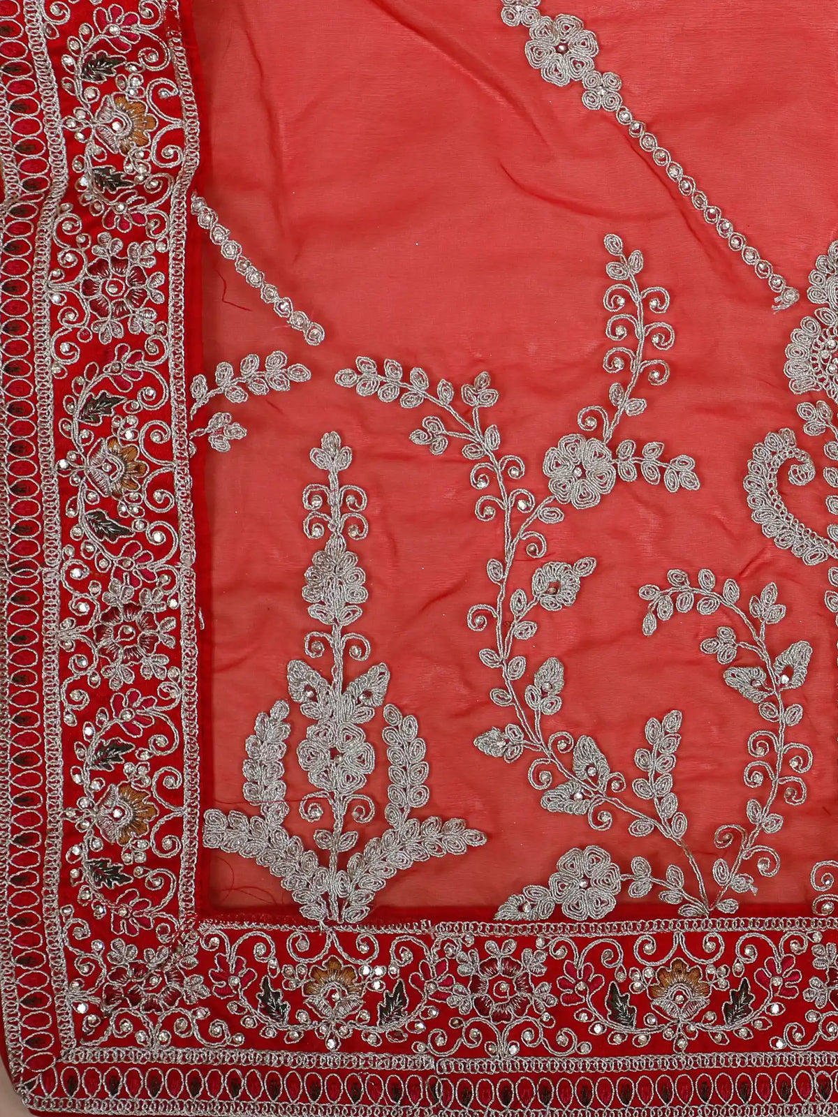 Red Silk Couture Lehenga with Domed Motifs and Intricate Silver Embroidery