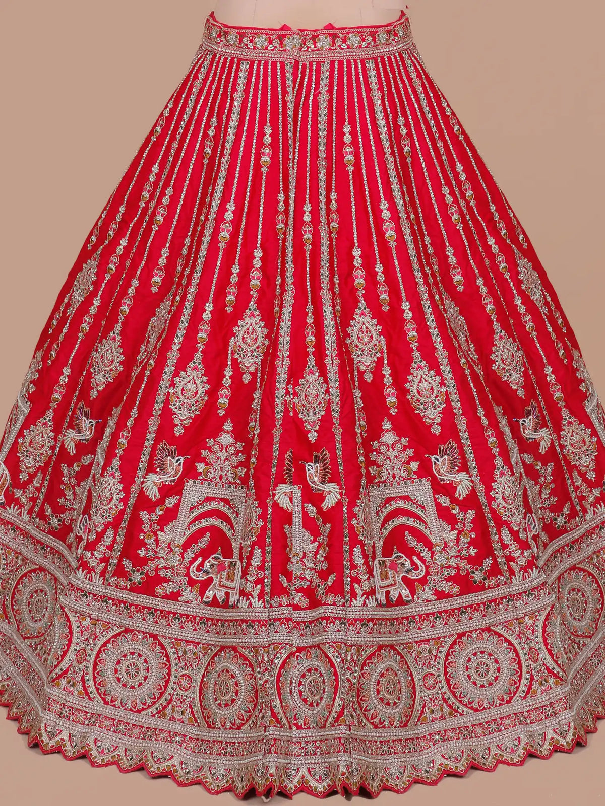 Premium Crimson Silk Wedding Lehenga Featuring Bird and Elephant Embroidery