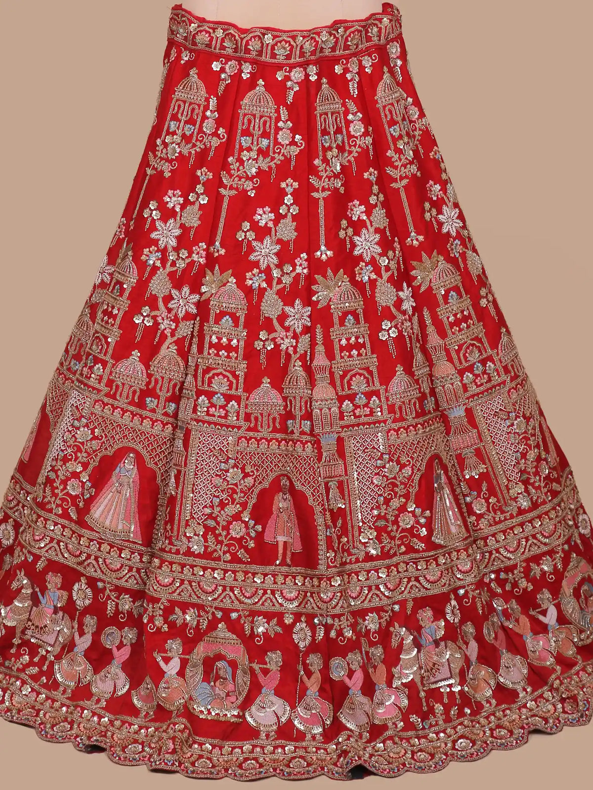 Luxury Custom Red Silk Bridal Lehenga with Palace Wedding Scene Embroidery