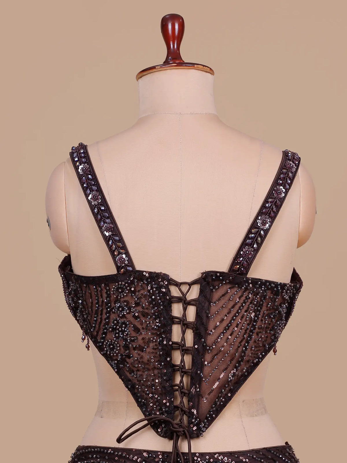 Dark Brown Net Designer Fishcut Lehenga Adorned with Choker Dupatta