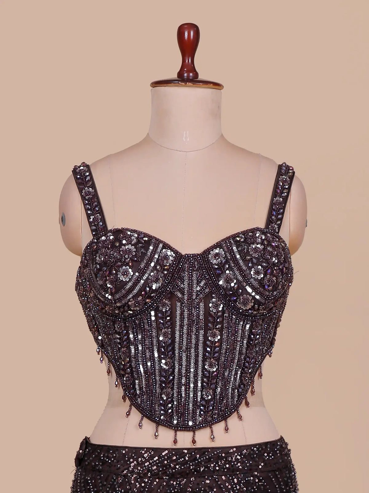 Dark Brown Net Designer Fishcut Lehenga Adorned with Choker Dupatta