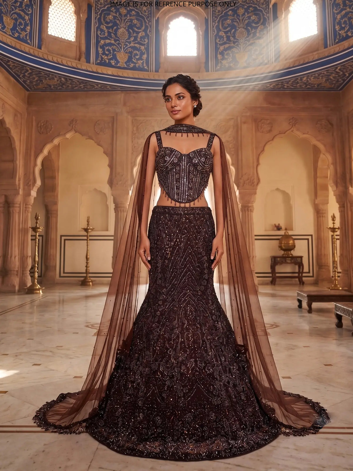 Dark Brown Net Designer Fishcut Lehenga Adorned with Choker Dupatta